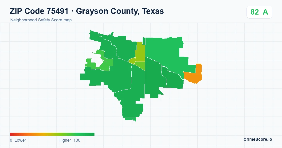 ZIP Code 75491 in Grayson County, Texas neighborhood Safety Score map