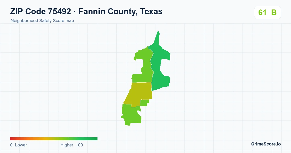 ZIP Code 75492 in Fannin County, Texas neighborhood Safety Score map