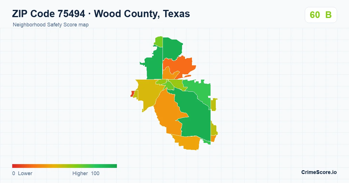ZIP Code 75494 in Wood County, Texas neighborhood Safety Score map