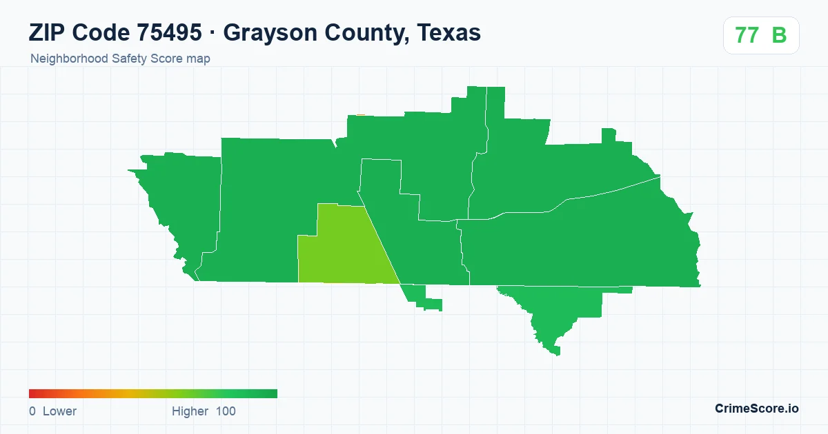 ZIP Code 75495 in Grayson County, Texas neighborhood Safety Score map