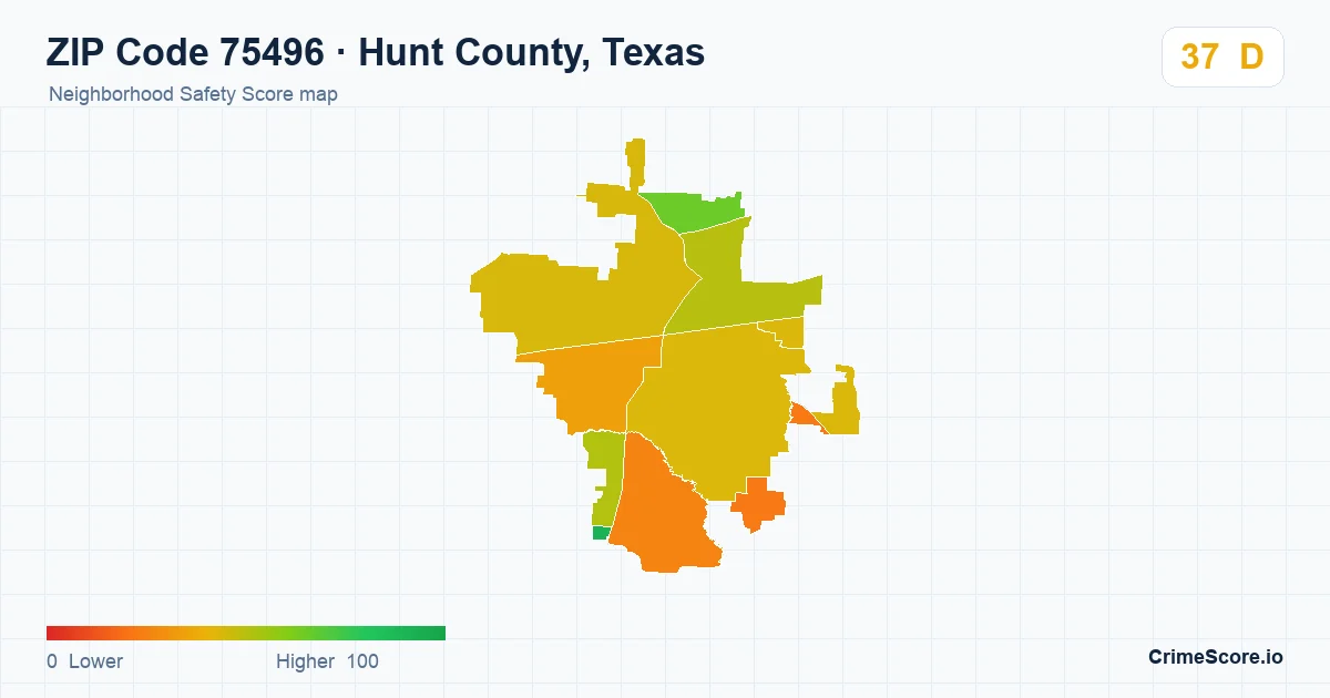 ZIP Code 75496 in Hunt County, Texas neighborhood Safety Score map