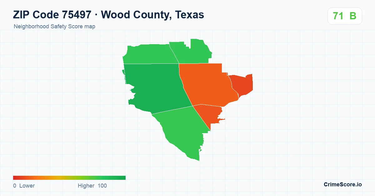 ZIP Code 75497 in Wood County, Texas neighborhood Safety Score map