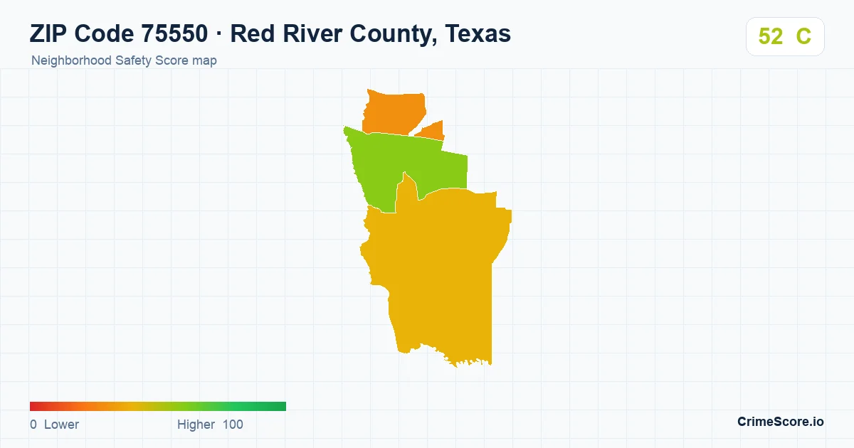 ZIP Code 75550 in Red River County, Texas neighborhood Safety Score map