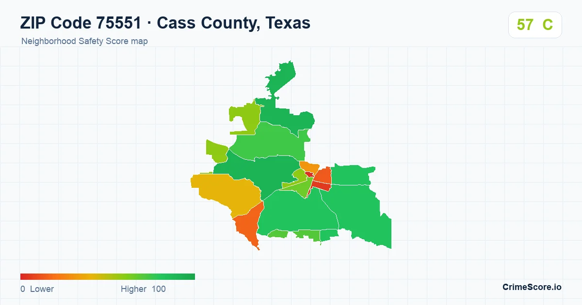 ZIP Code 75551 in Cass County, Texas neighborhood Safety Score map