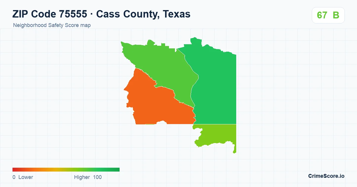 ZIP Code 75555 in Cass County, Texas neighborhood Safety Score map