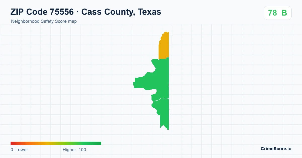 ZIP Code 75556 in Cass County, Texas neighborhood Safety Score map