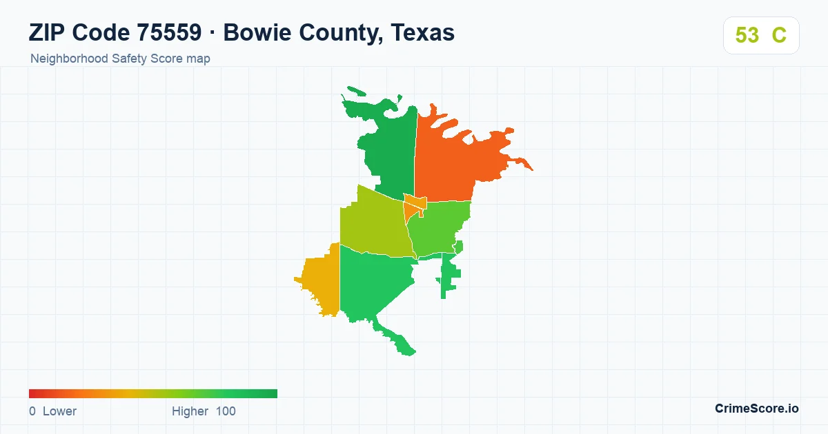ZIP Code 75559 in Bowie County, Texas neighborhood Safety Score map