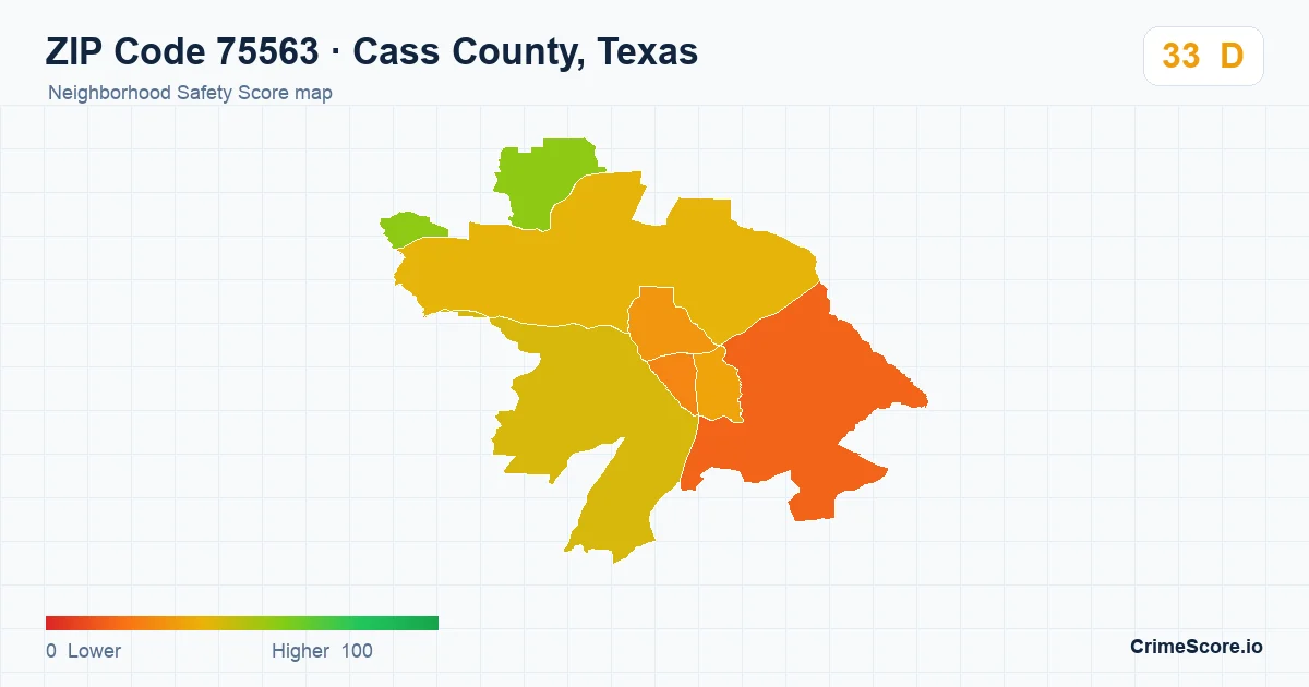 ZIP Code 75563 in Cass County, Texas neighborhood Safety Score map