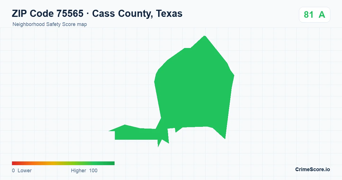 ZIP Code 75565 in Cass County, Texas neighborhood Safety Score map