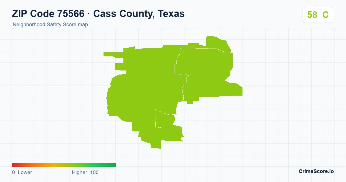 ZIP Code 75566 in Cass County, Texas neighborhood Safety Score map