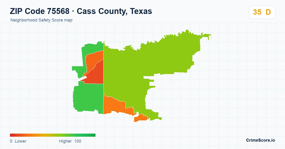 ZIP Code 75568 in Cass County, Texas neighborhood Safety Score map