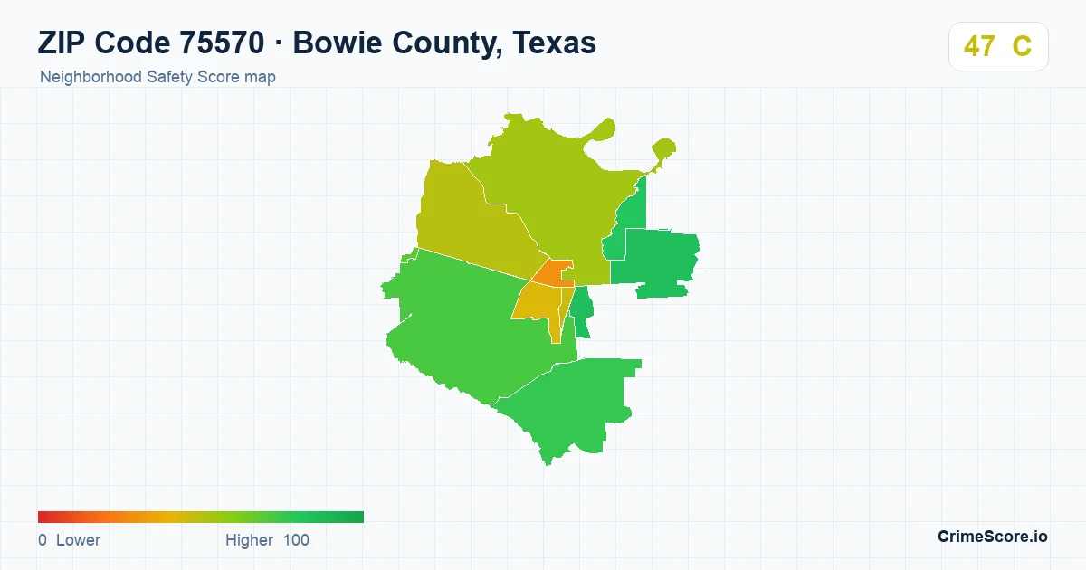 ZIP Code 75570 in Bowie County, Texas neighborhood Safety Score map