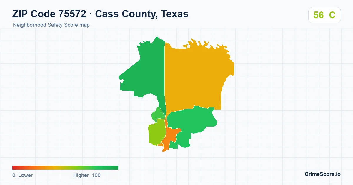 ZIP Code 75572 in Cass County, Texas neighborhood Safety Score map