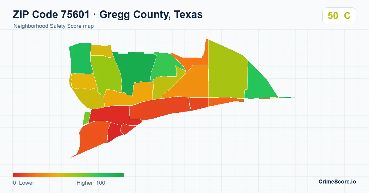 ZIP Code 75601 in Gregg County, Texas neighborhood Safety Score map