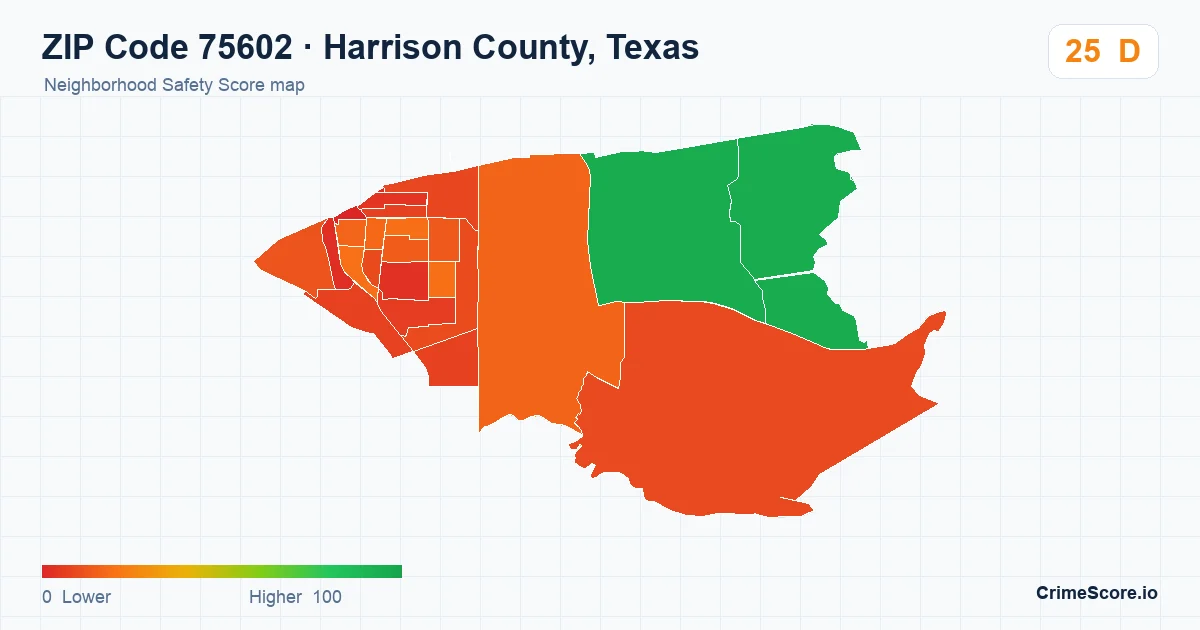 ZIP Code 75602 in Harrison County, Texas neighborhood Safety Score map