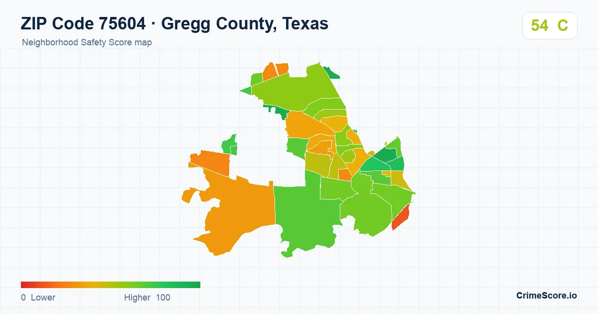 ZIP Code 75604 in Gregg County, Texas neighborhood Safety Score map