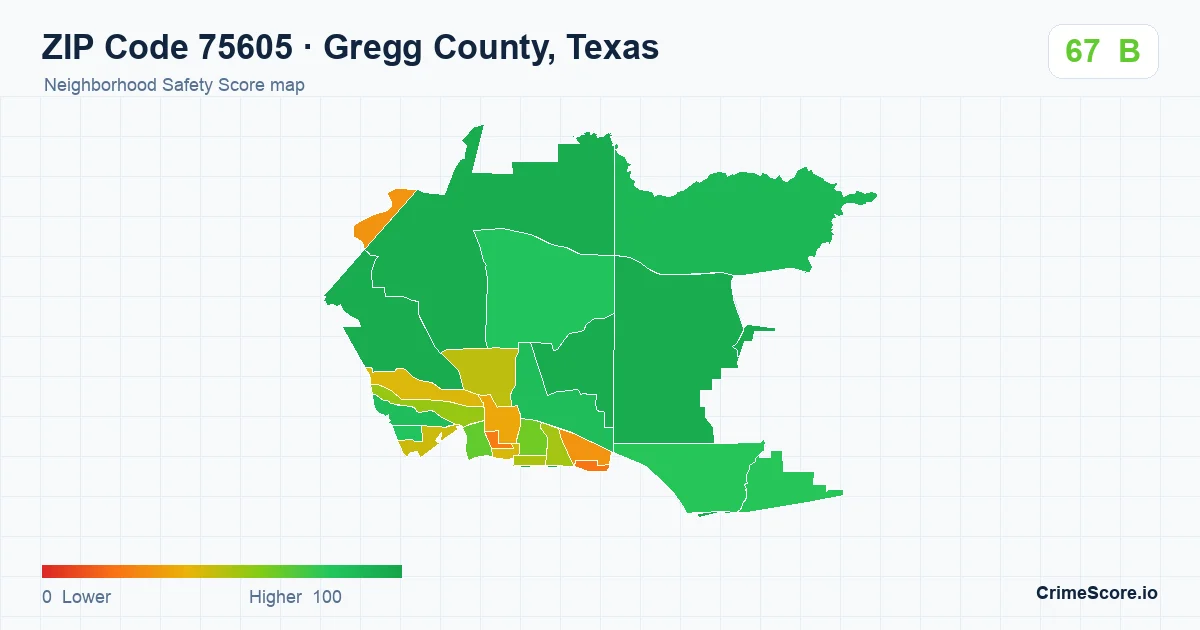 ZIP Code 75605 in Gregg County, Texas neighborhood Safety Score map