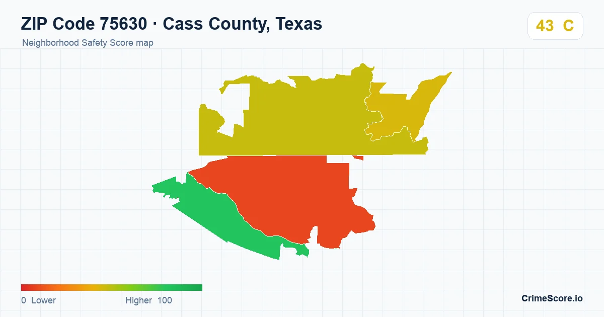 ZIP Code 75630 in Cass County, Texas neighborhood Safety Score map