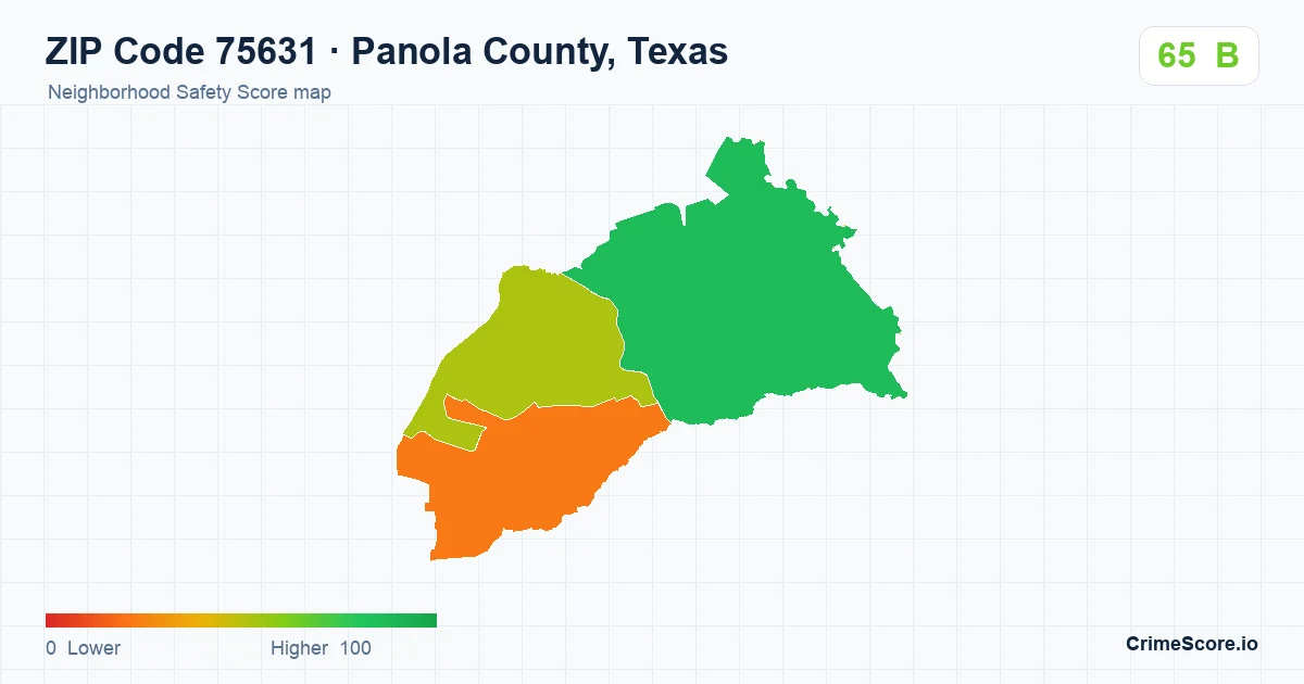 ZIP Code 75631 in Panola County, Texas neighborhood Safety Score map
