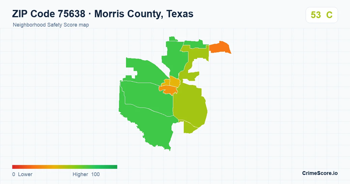 ZIP Code 75638 in Morris County, Texas neighborhood Safety Score map