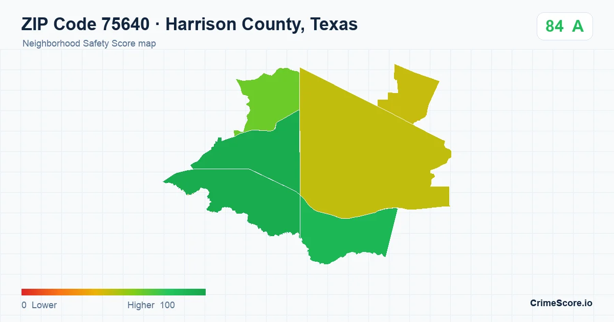 ZIP Code 75640 in Harrison County, Texas neighborhood Safety Score map
