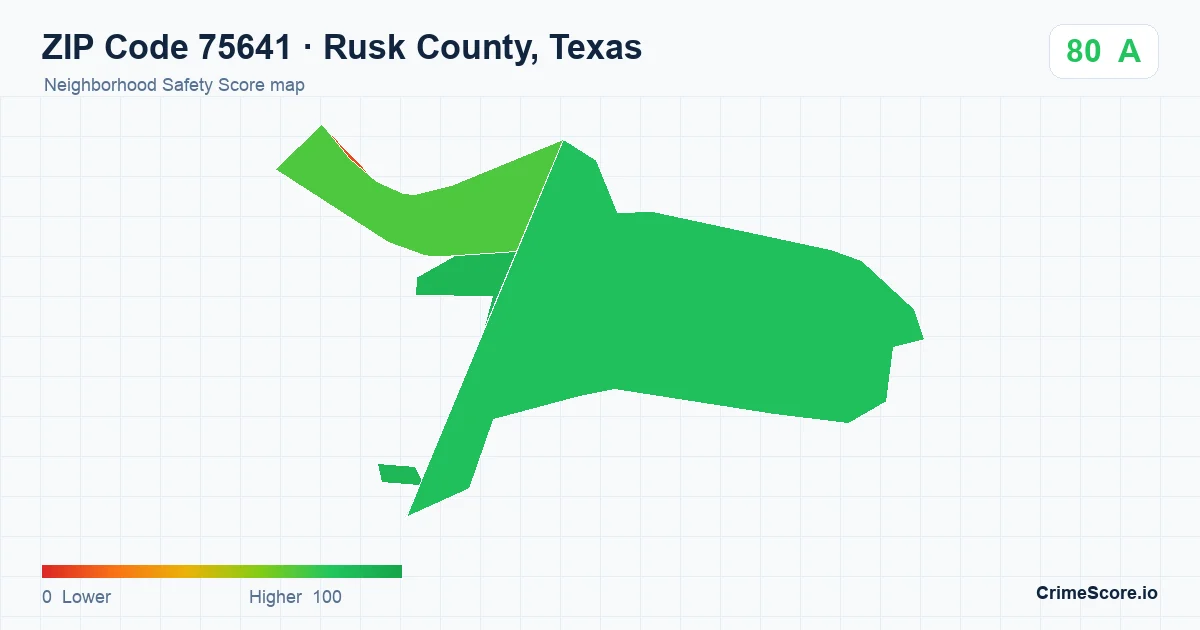 ZIP Code 75641 in Rusk County, Texas neighborhood Safety Score map