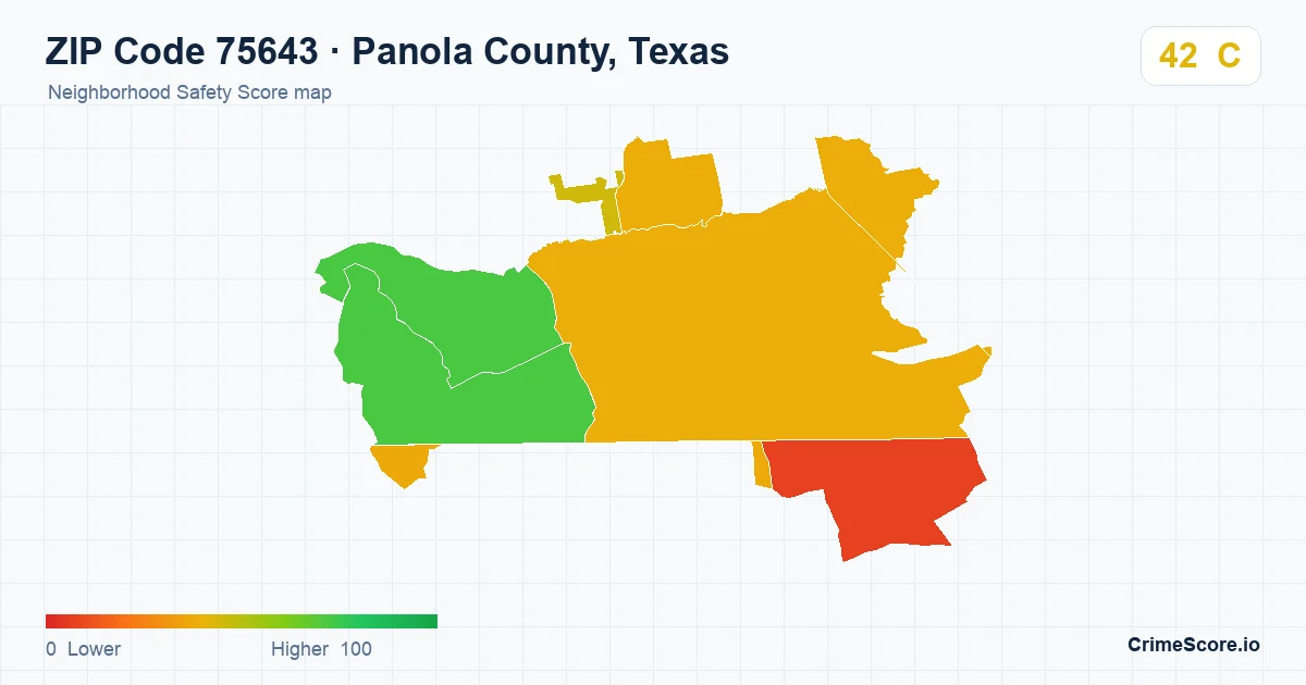ZIP Code 75643 in Panola County, Texas neighborhood Safety Score map