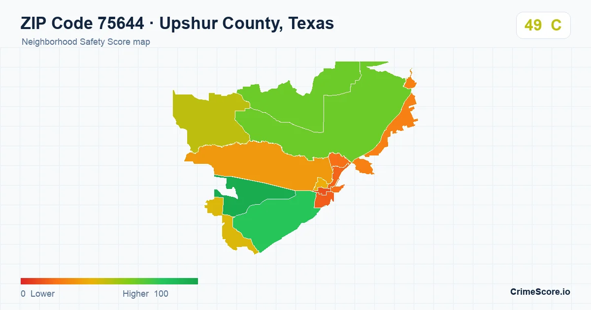 ZIP Code 75644 in Upshur County, Texas neighborhood Safety Score map