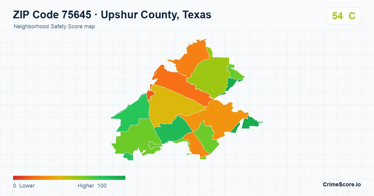 ZIP Code 75645 in Upshur County, Texas neighborhood Safety Score map