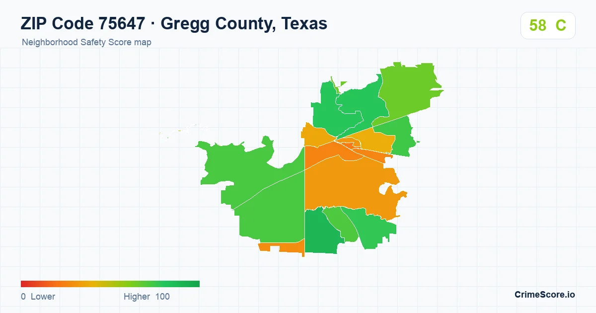 ZIP Code 75647 in Gregg County, Texas neighborhood Safety Score map