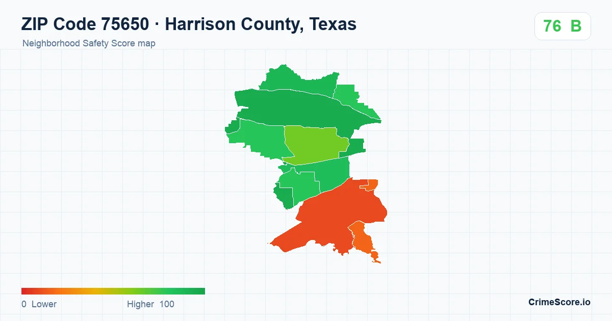 ZIP Code 75650 in Harrison County, Texas neighborhood Safety Score map