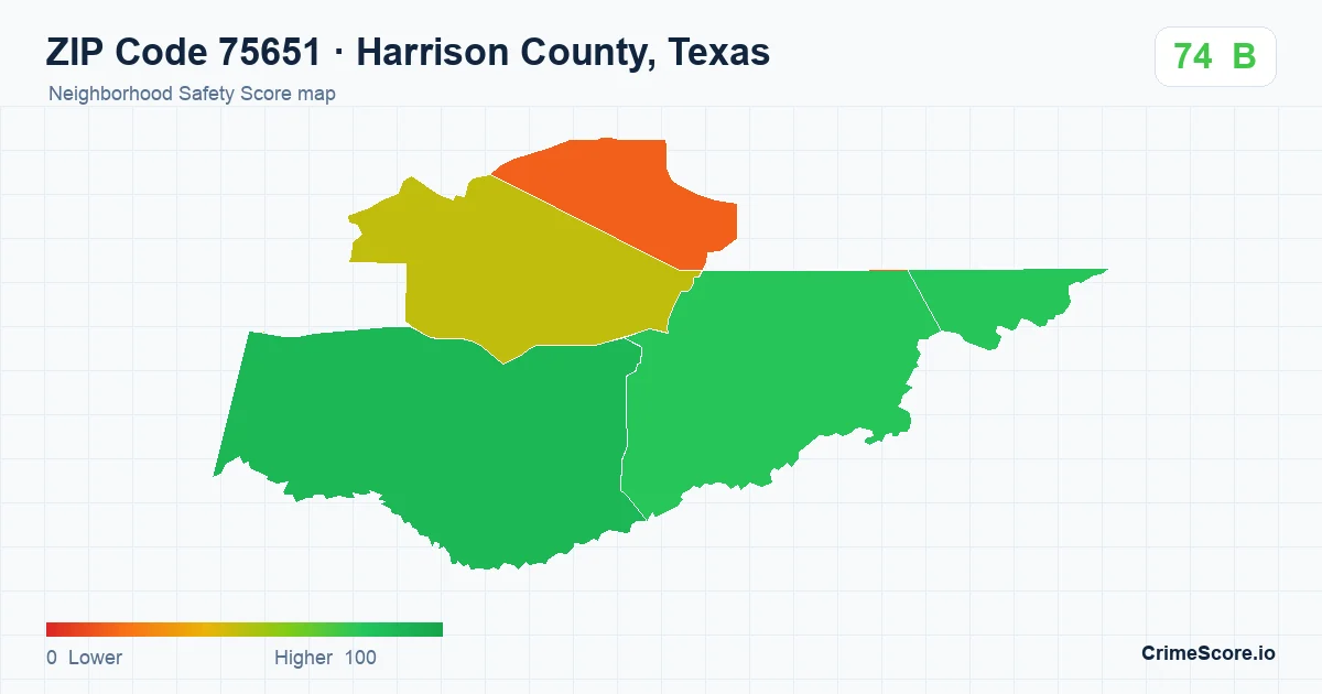 ZIP Code 75651 in Harrison County, Texas neighborhood Safety Score map