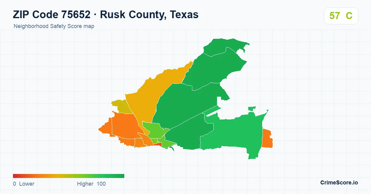 ZIP Code 75652 in Rusk County, Texas neighborhood Safety Score map