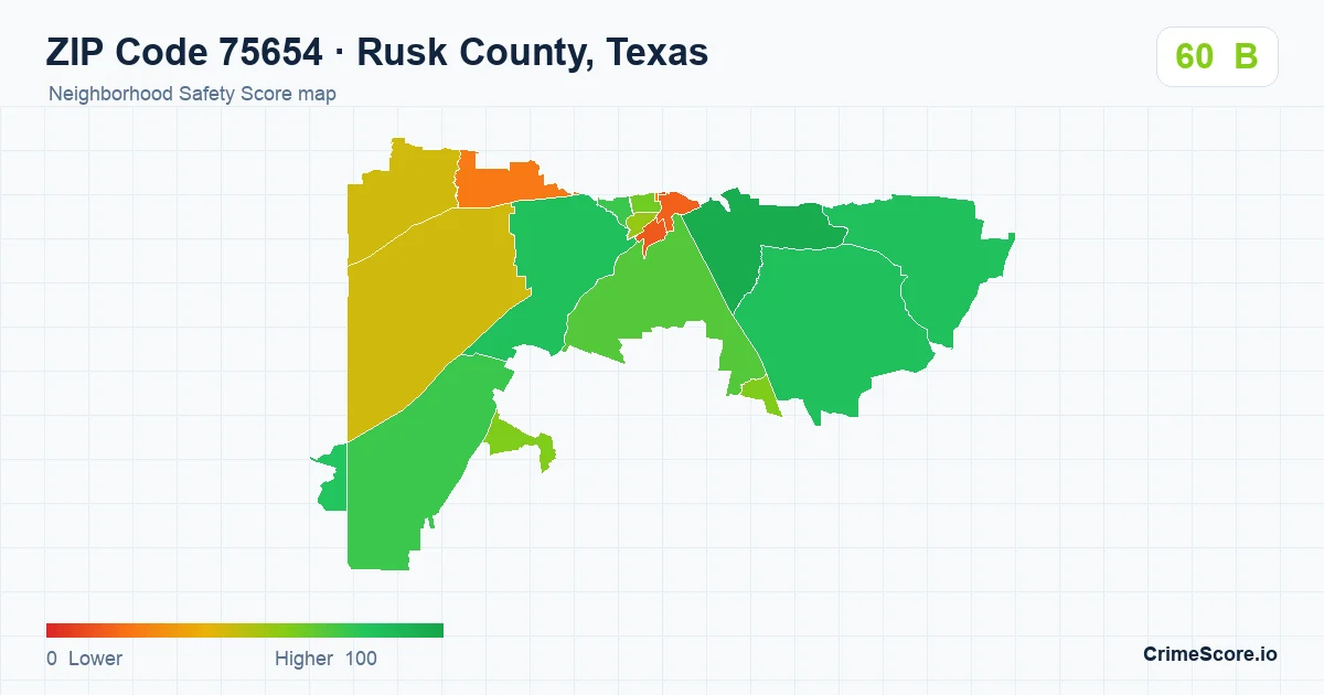 ZIP Code 75654 in Rusk County, Texas neighborhood Safety Score map