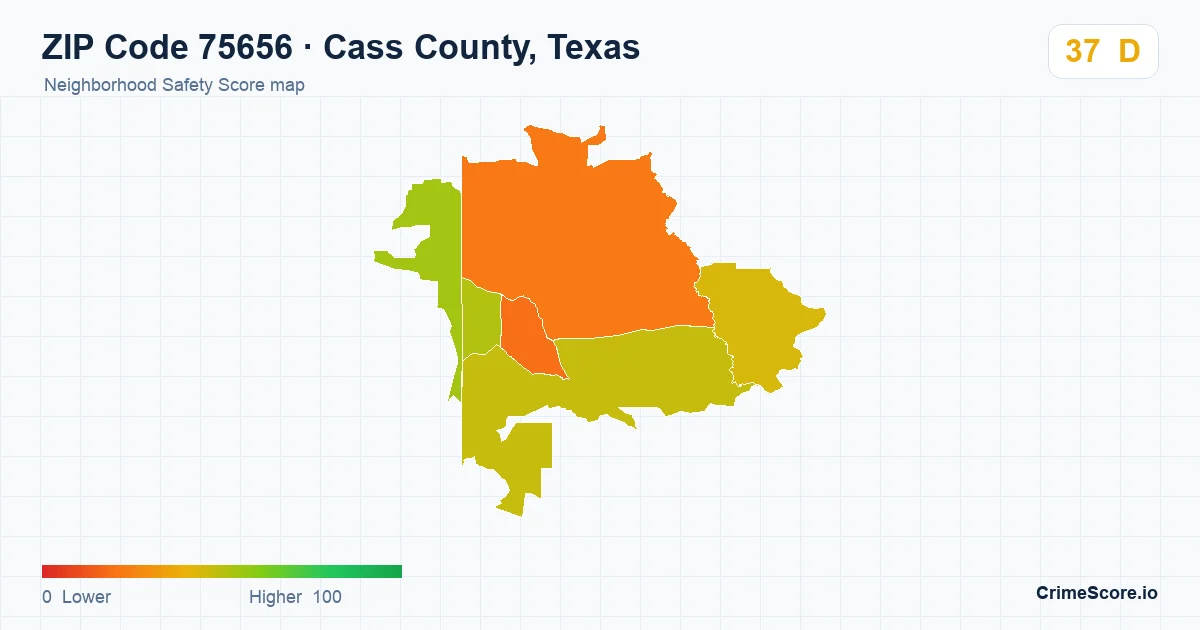 ZIP Code 75656 in Cass County, Texas neighborhood Safety Score map