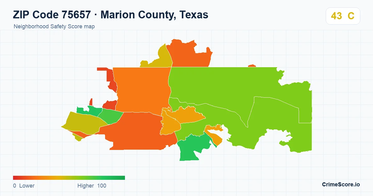 ZIP Code 75657 in Marion County, Texas neighborhood Safety Score map