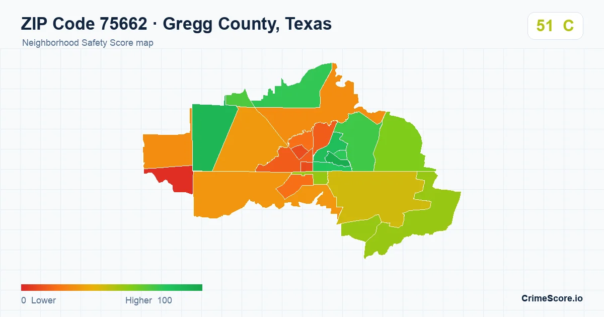 ZIP Code 75662 in Gregg County, Texas neighborhood Safety Score map