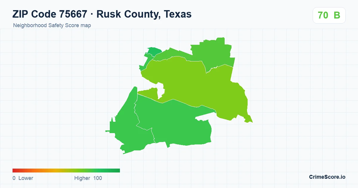 ZIP Code 75667 in Rusk County, Texas neighborhood Safety Score map