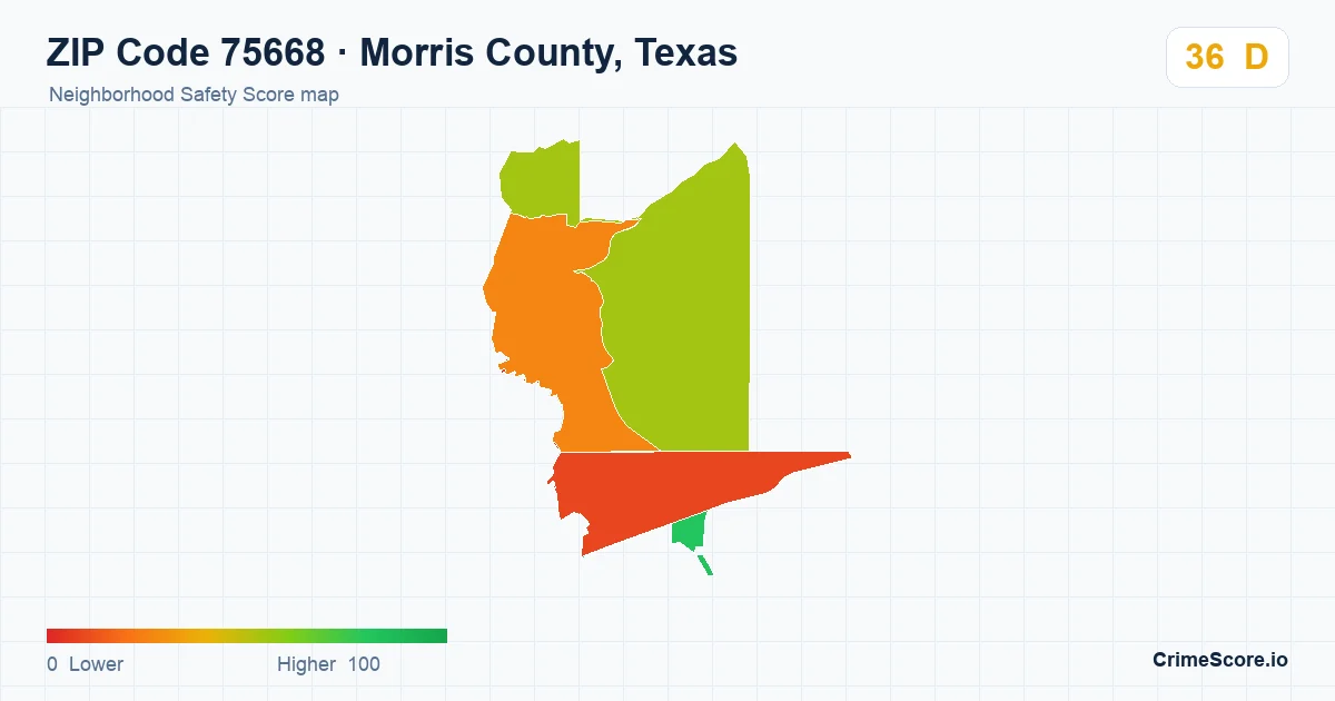 ZIP Code 75668 in Morris County, Texas neighborhood Safety Score map