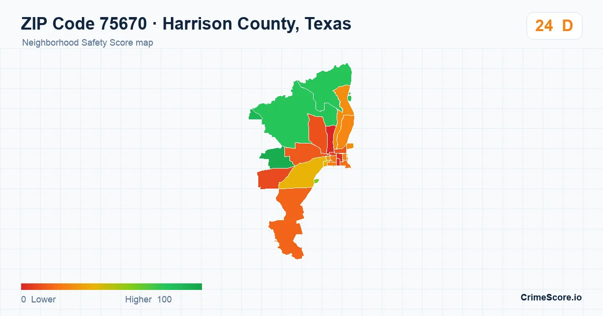 ZIP Code 75670 in Harrison County, Texas neighborhood Safety Score map