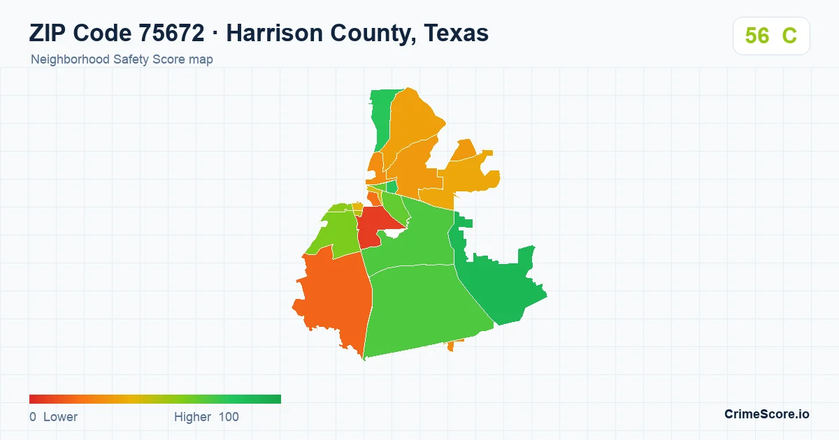 ZIP Code 75672 in Harrison County, Texas neighborhood Safety Score map