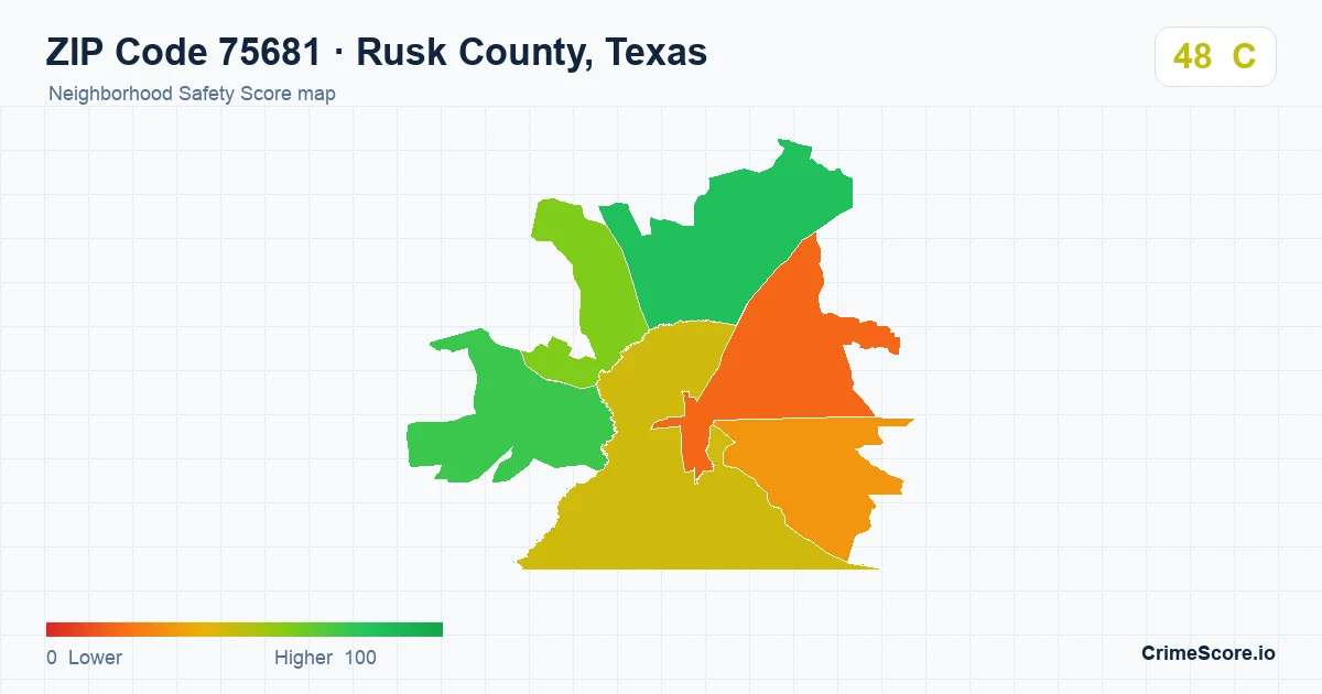 ZIP Code 75681 in Rusk County, Texas neighborhood Safety Score map