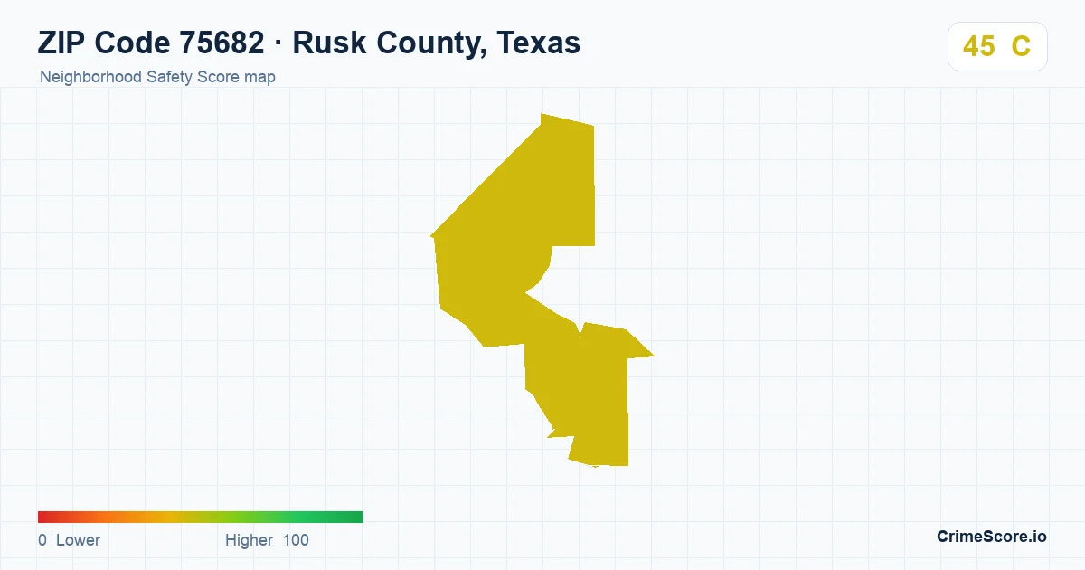 ZIP Code 75682 in Rusk County, Texas neighborhood Safety Score map