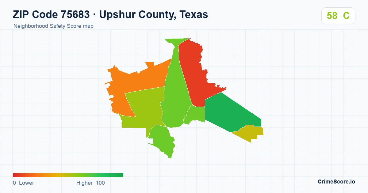 ZIP Code 75683 in Upshur County, Texas neighborhood Safety Score map
