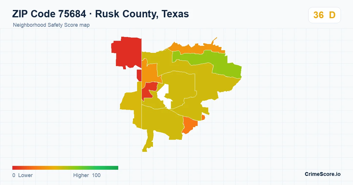 ZIP Code 75684 in Rusk County, Texas neighborhood Safety Score map