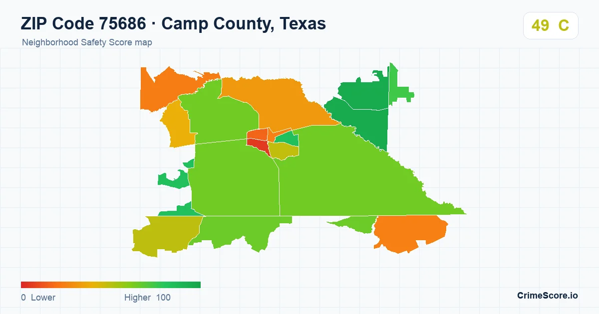 ZIP Code 75686 in Camp County, Texas neighborhood Safety Score map