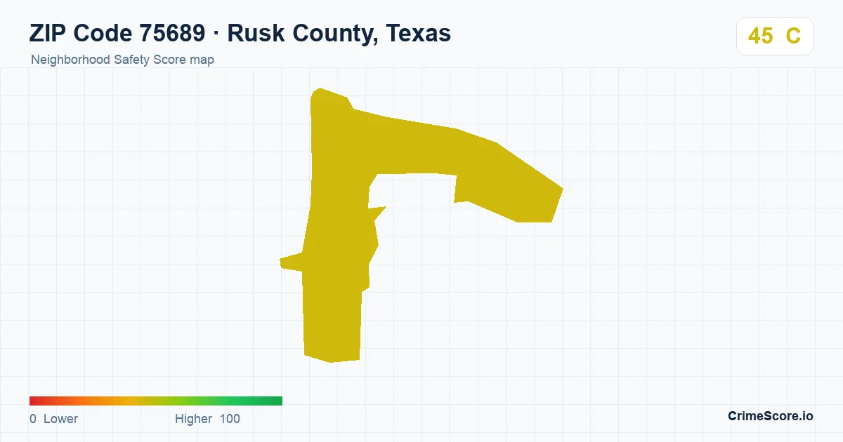 ZIP Code 75689 in Rusk County, Texas neighborhood Safety Score map