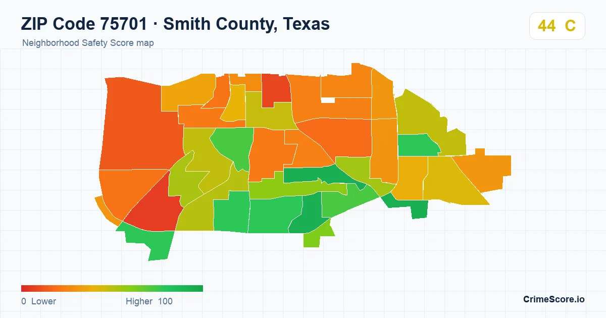 ZIP Code 75701 in Smith County, Texas neighborhood Safety Score map