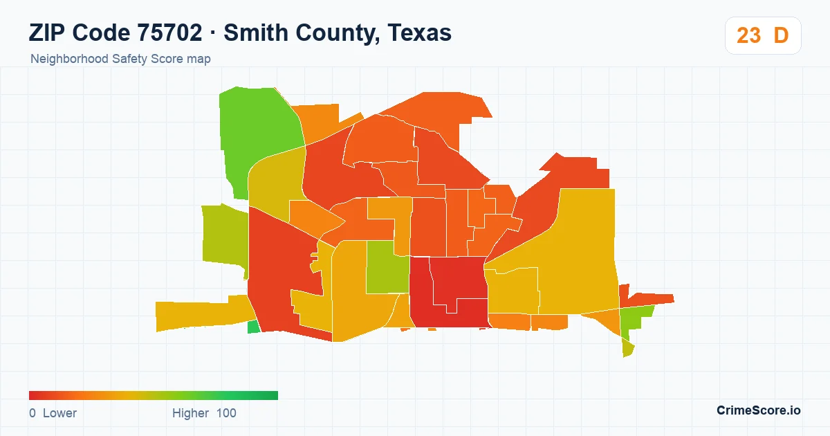 ZIP Code 75702 in Smith County, Texas neighborhood Safety Score map