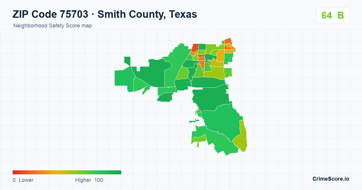 ZIP Code 75703 in Smith County, Texas neighborhood Safety Score map